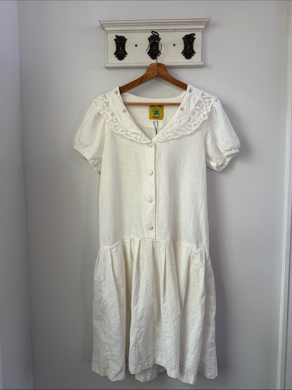 UNIF White Linen Midi Dress Embroidered Collar Pockets Boho Button Front Summer